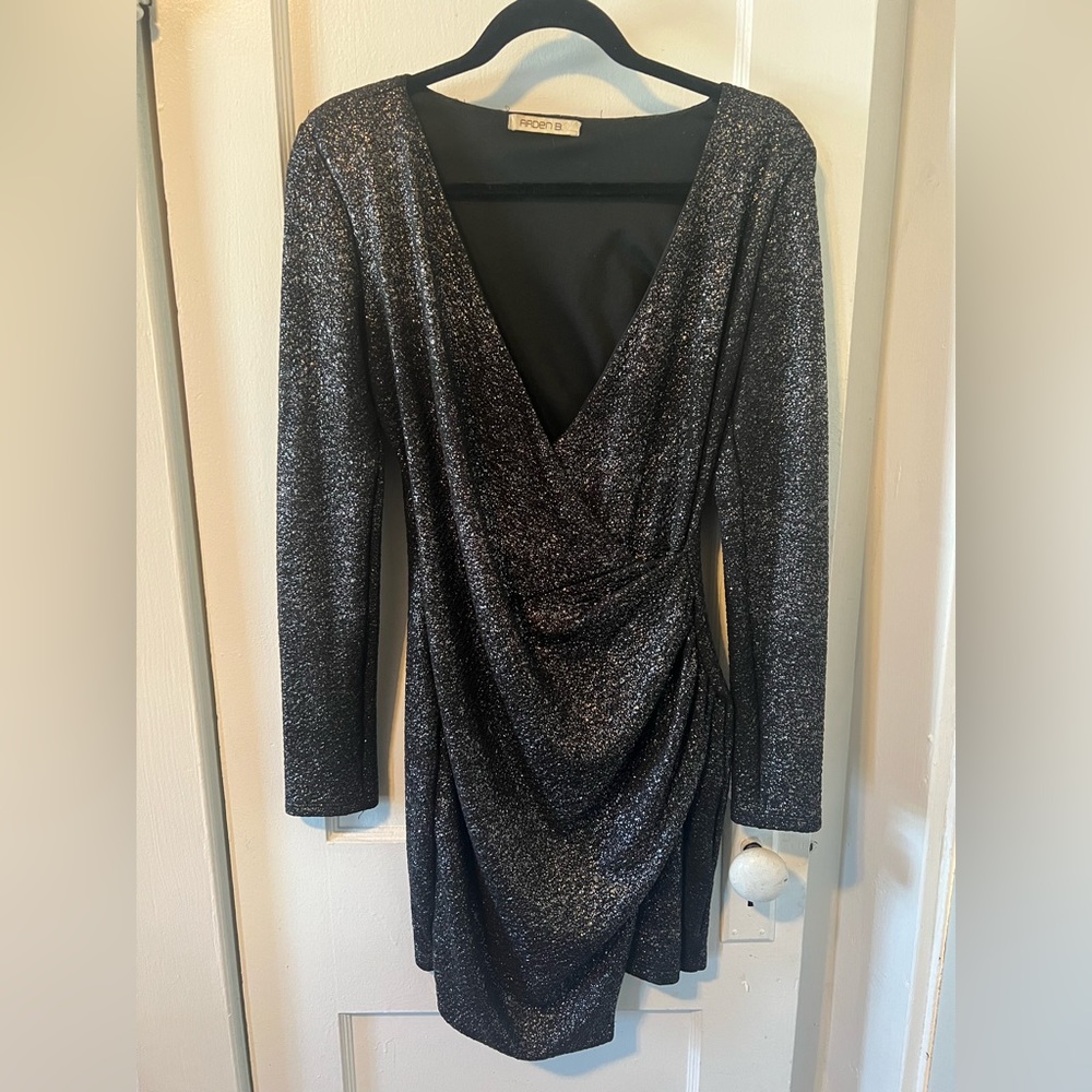 Black/Pewter sparkly dress. Attached wrap style in front. Short and cute.